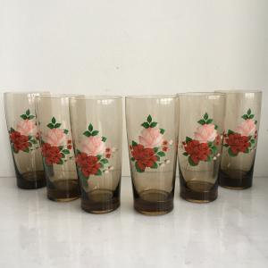 Набор стаканов СССР 1987  тонированное стекло, термонаклейки, розы, 6 шт. комплект